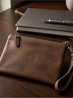 Roots Brown Leather Wristlet Pouch with Embossed Logo
